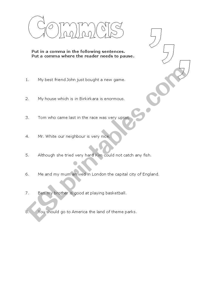 Commas and Pucntuation worksheet