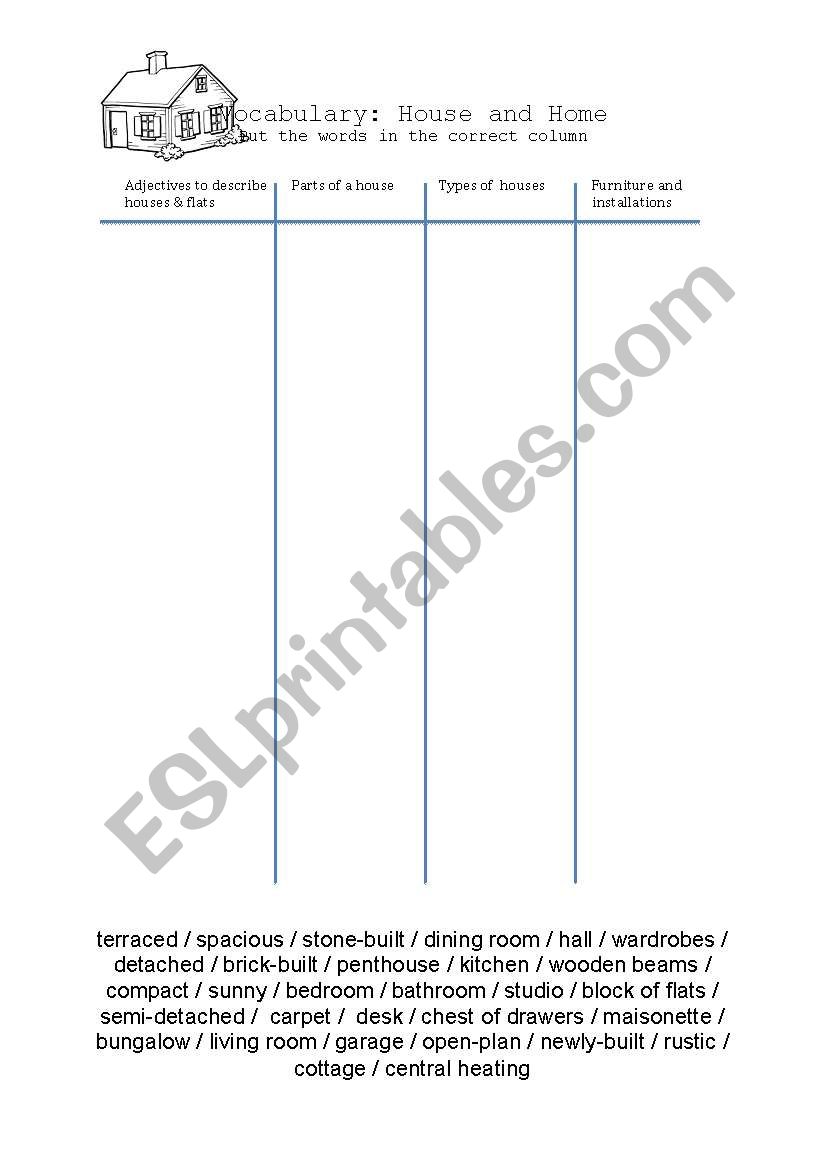 House and Home vocabulary worksheet