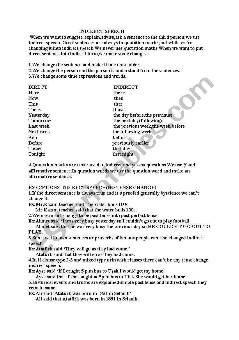 indirect speech worksheet