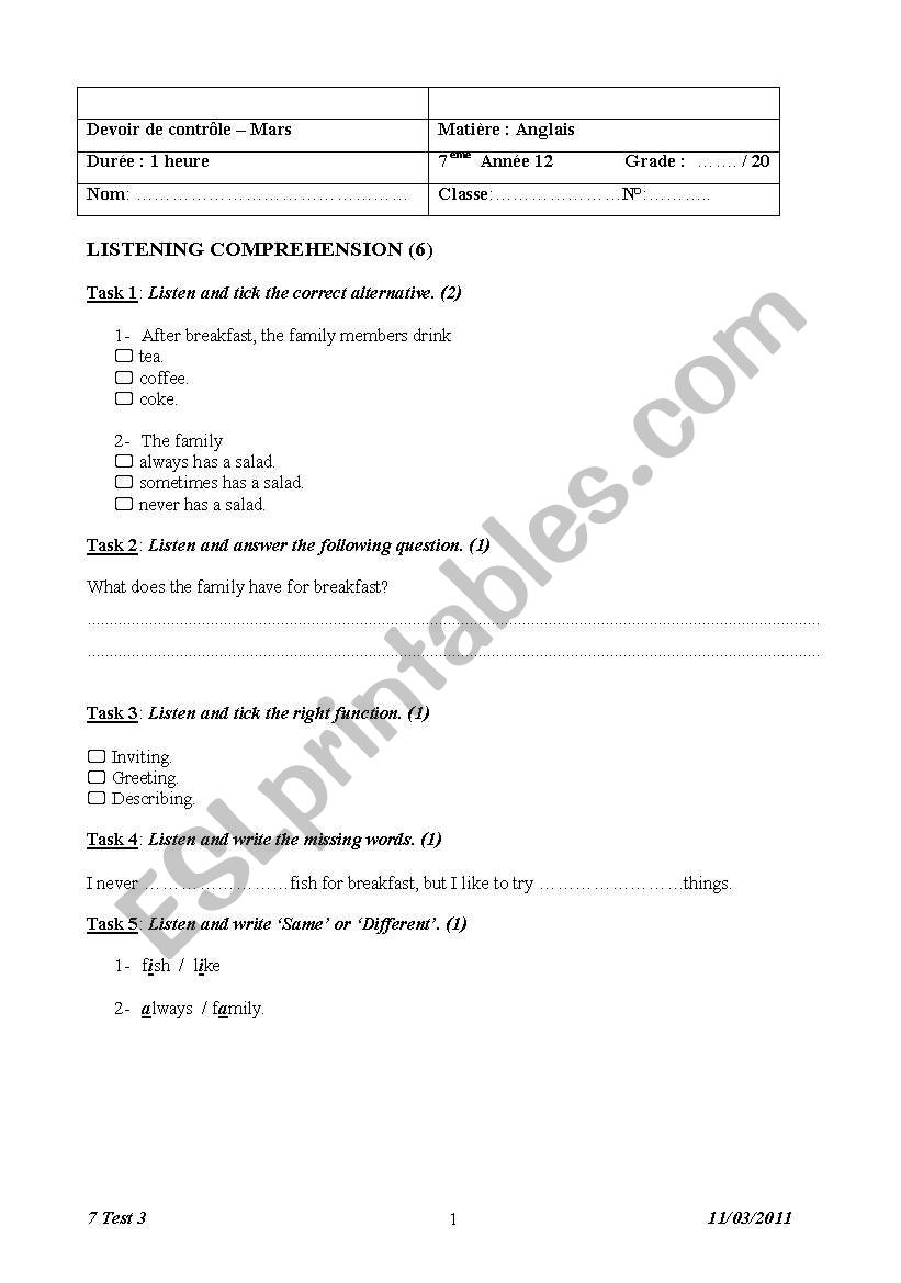 7 Form Test 3 worksheet