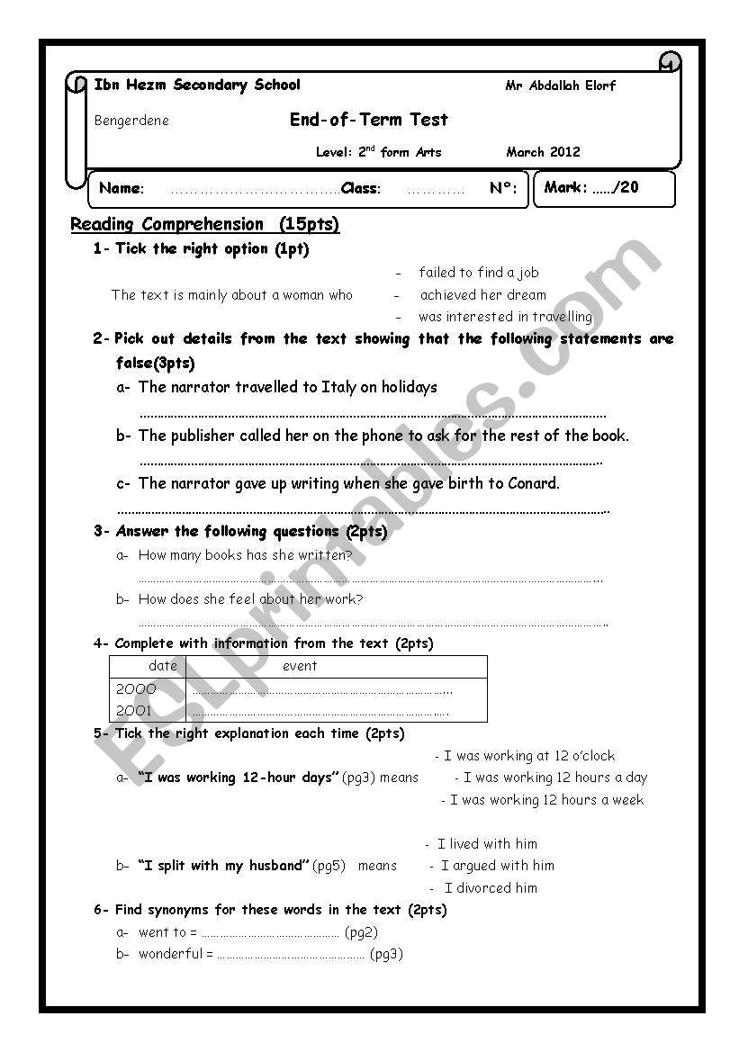 Second form Arts Test (2012) worksheet