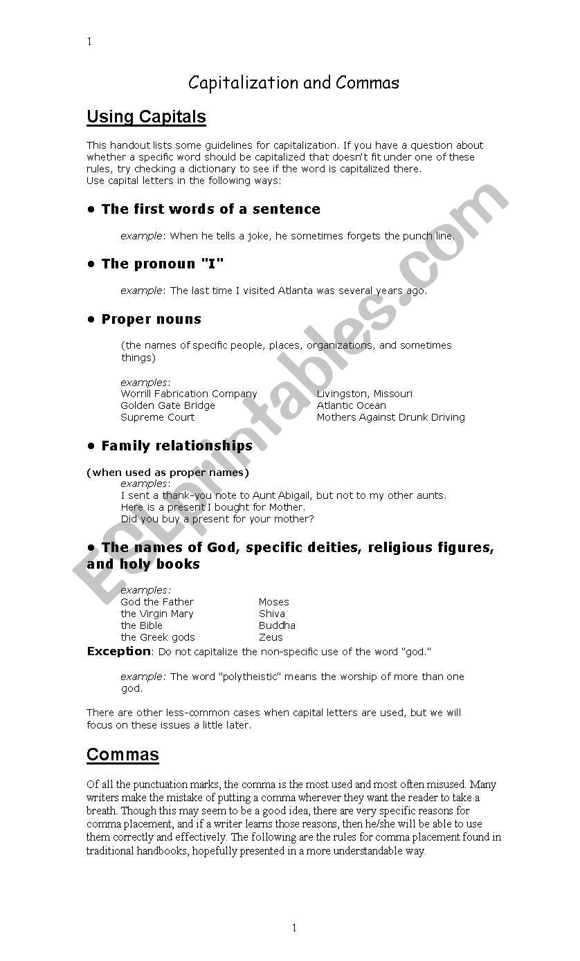 Captial Letters and Commas worksheet