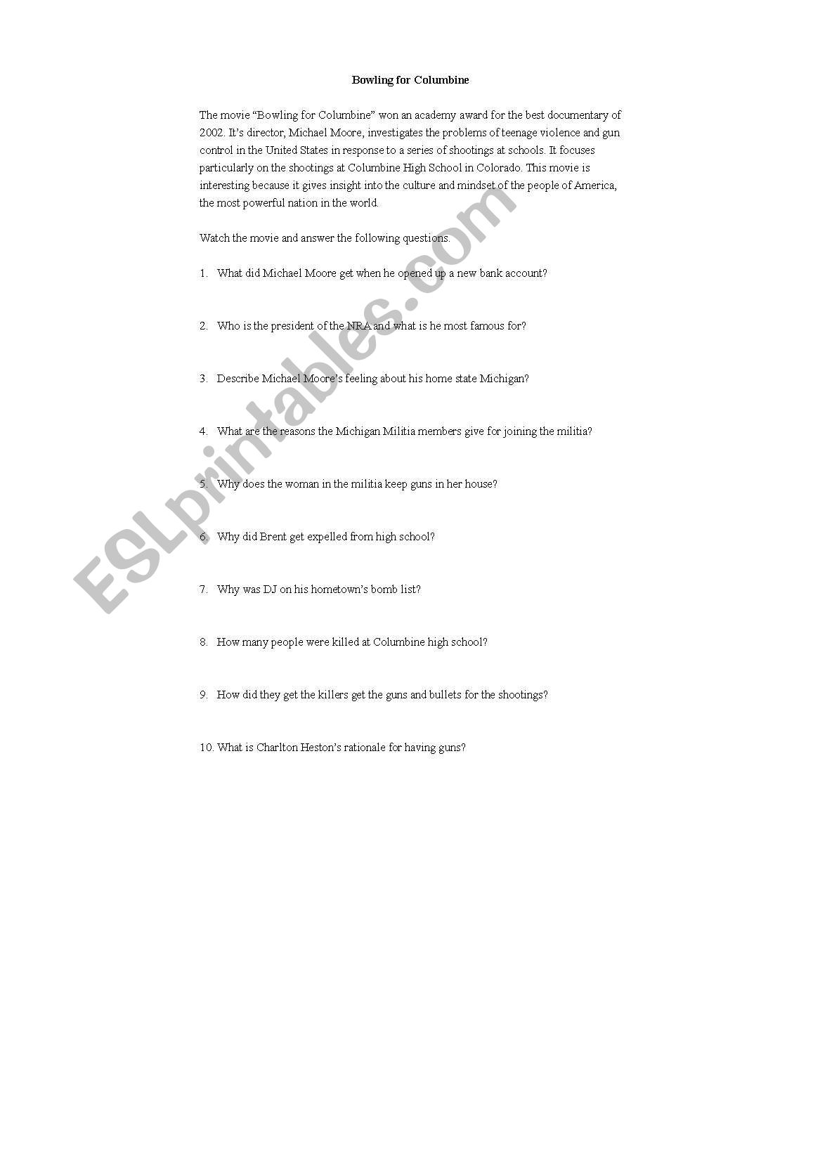 Bowling For Columbine worksheet