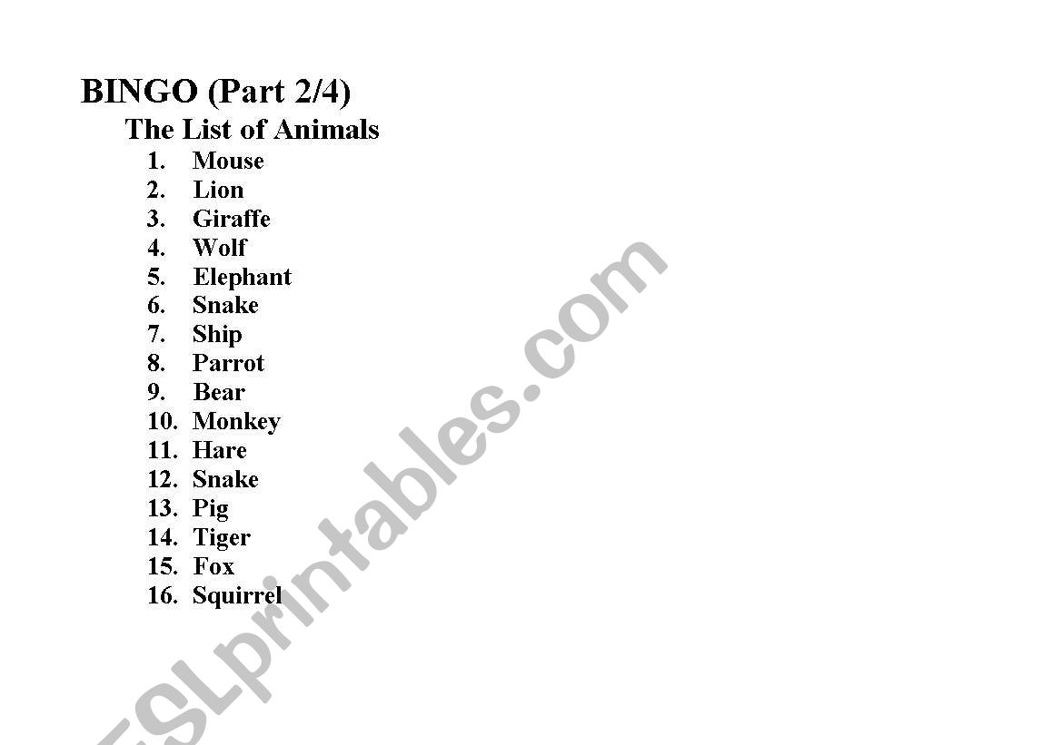 Bingo. Animals (Part 2/4) worksheet