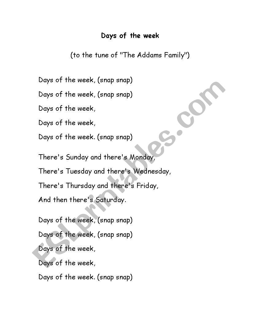 Song: Days of the Week worksheet