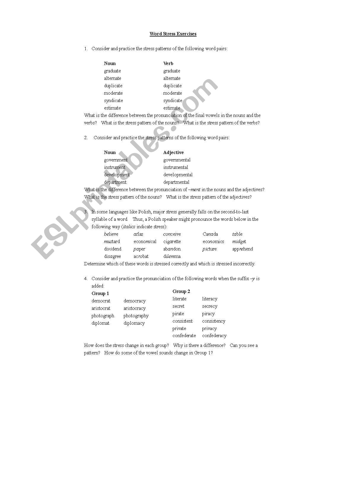 Word Stress Exercises worksheet