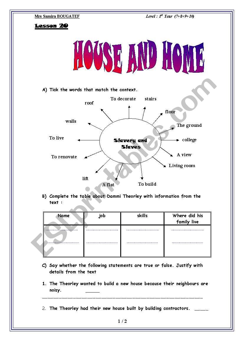 LESSON 20 : HOUSE AND HOME worksheet