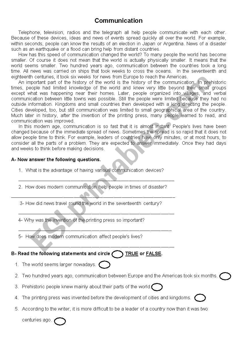 A Reading Text worksheet