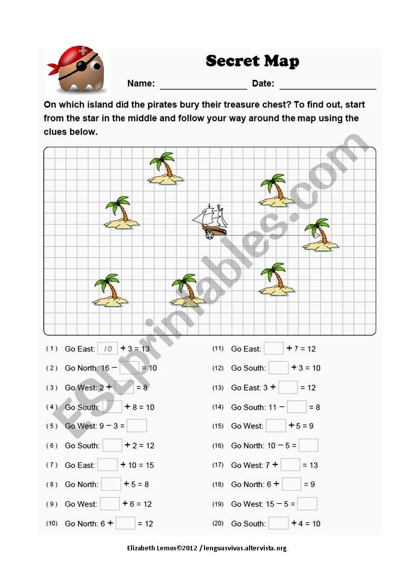 Secret map: game with numbers worksheet