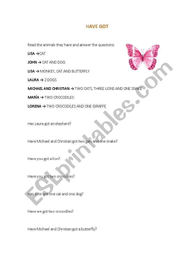 Have got exercise + animals worksheet