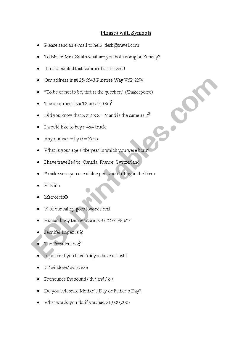 Phrases with Symbols worksheet