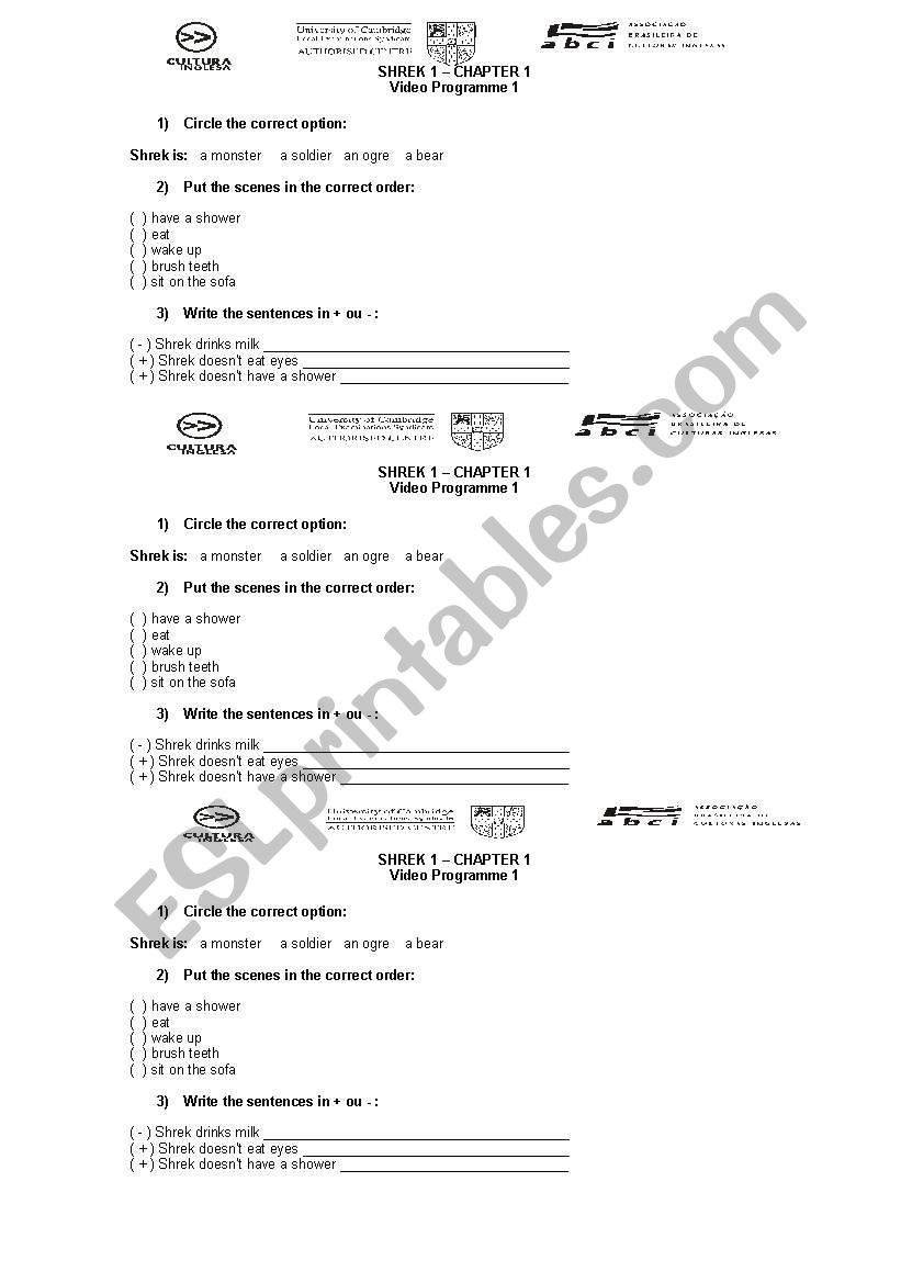 SHREK 1 CHAPTER 1 worksheet