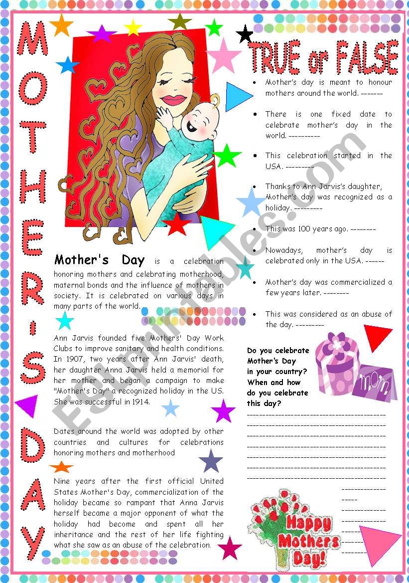 Mothers Day: a text with comprehension question and a writing activity