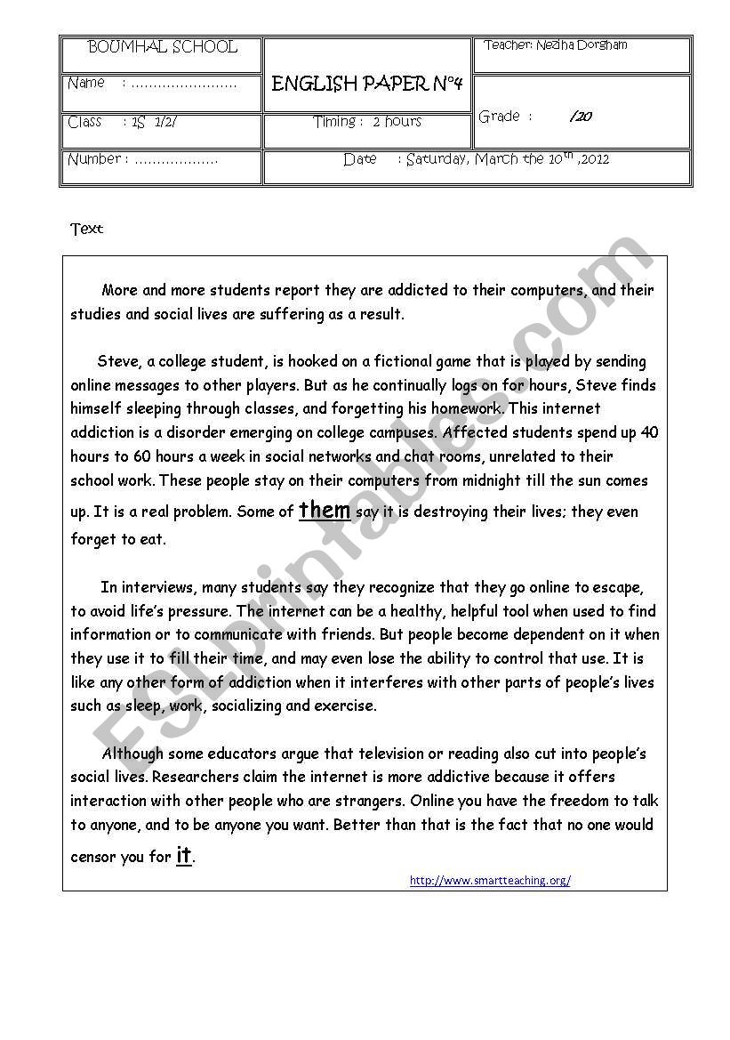 test 4 first grade tunisia worksheet