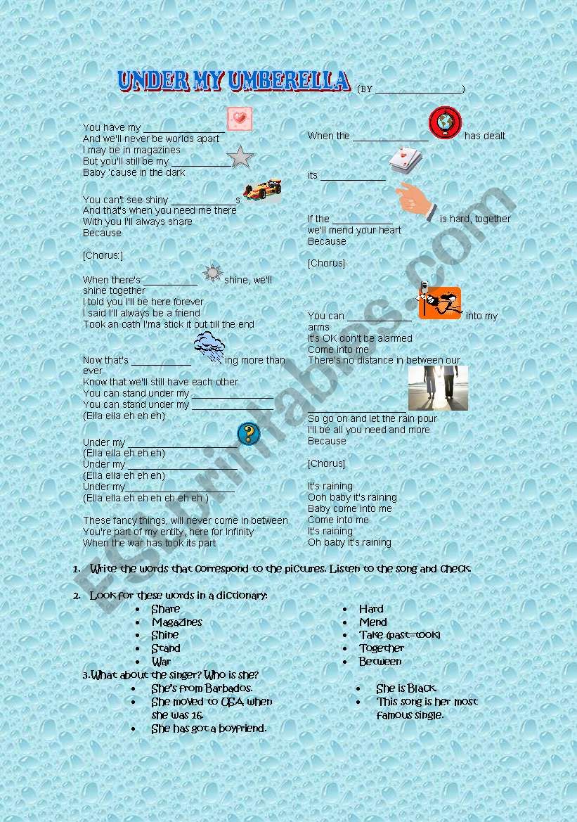 English Worksheets Under My Umberella By Riahanna 
