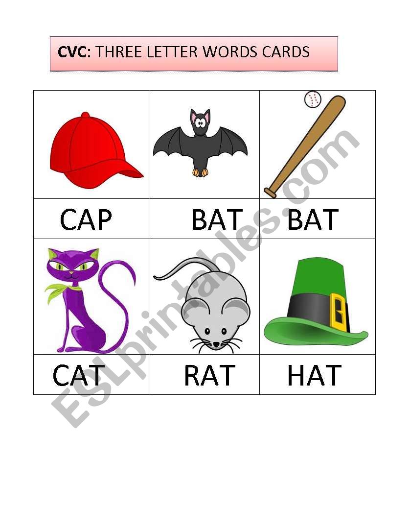 THREE LETTER WORDS FLASHCARDS worksheet