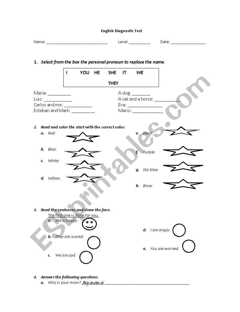 Basic English test worksheet