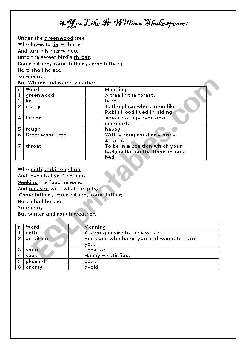 As you like it : poem ( Under the greenwood tree )