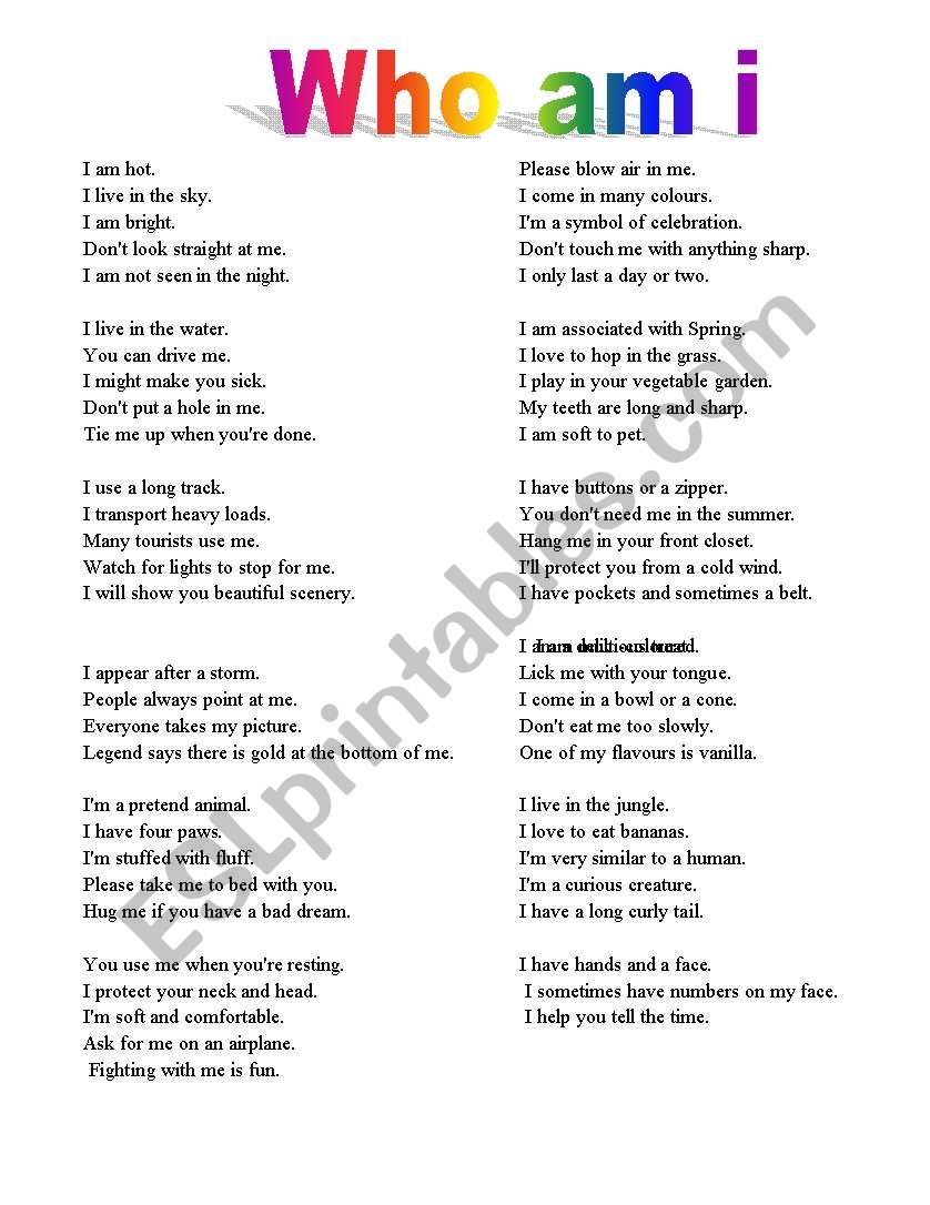 Who Am i worksheet