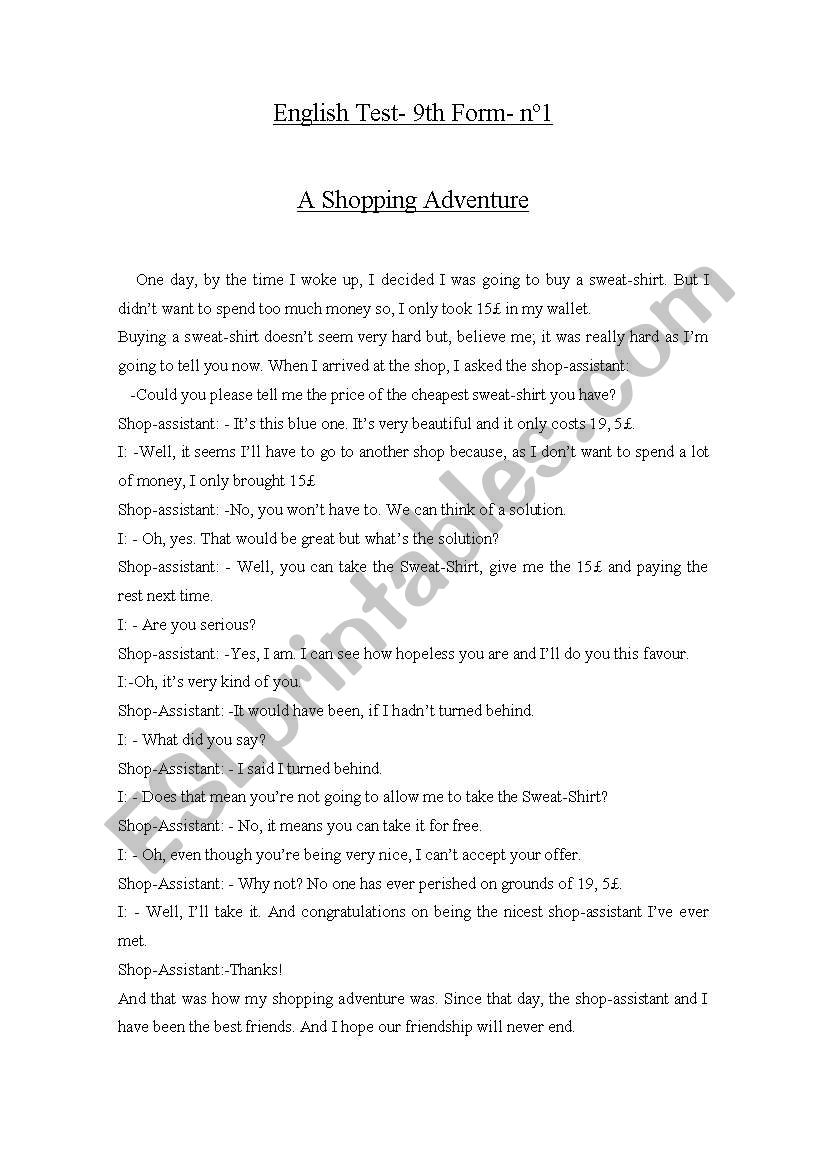 Shopping Adventure worksheet