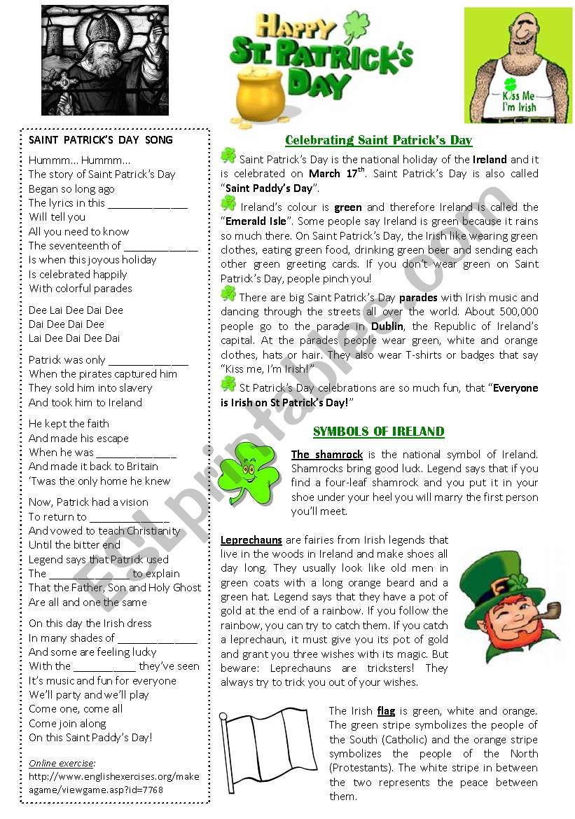 St. Patricks Day worksheet 2 pages: with SONG, READING and WORDSEARCH --> KEY INCLUDED!!!!