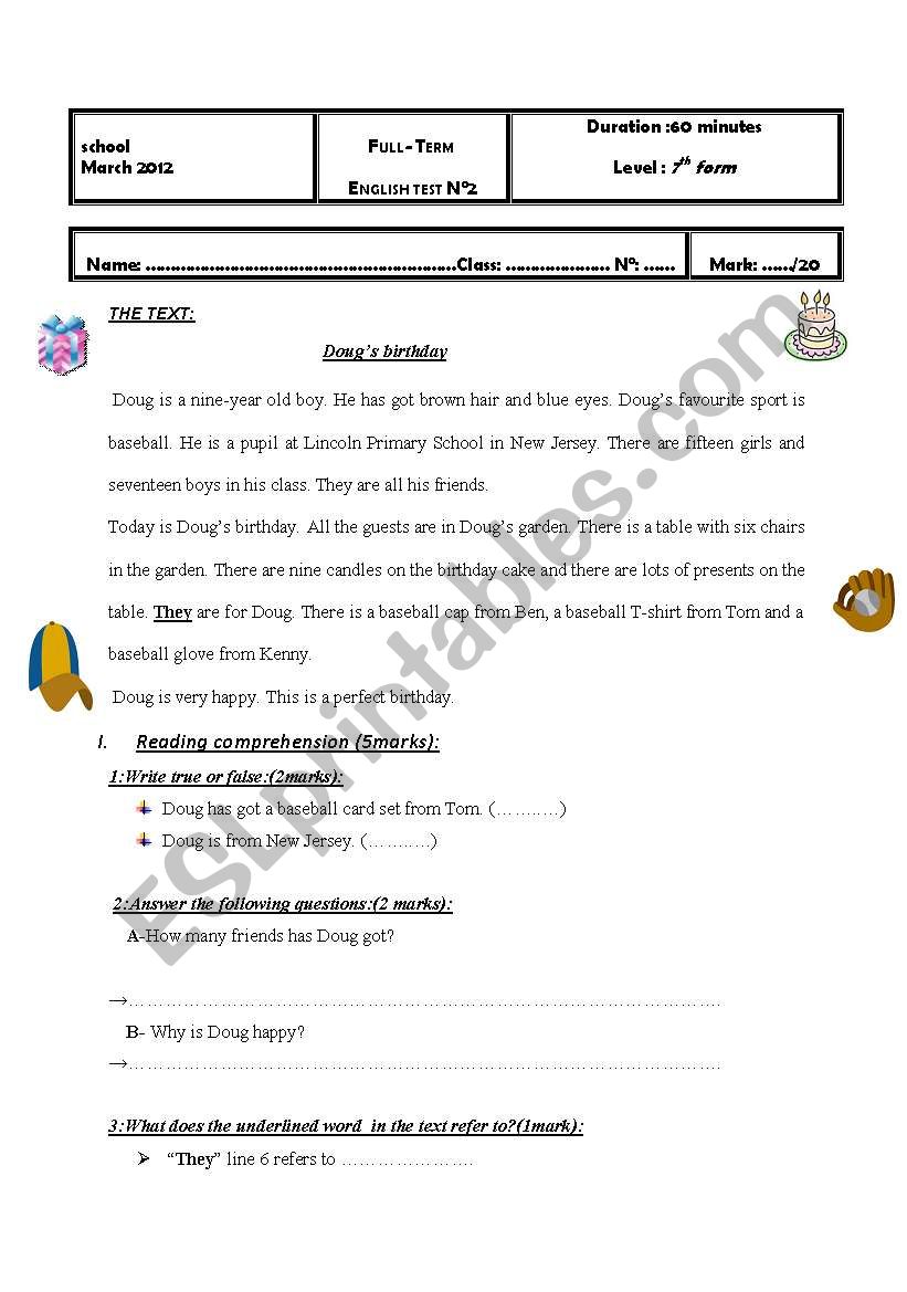 full test n2 7th form worksheet