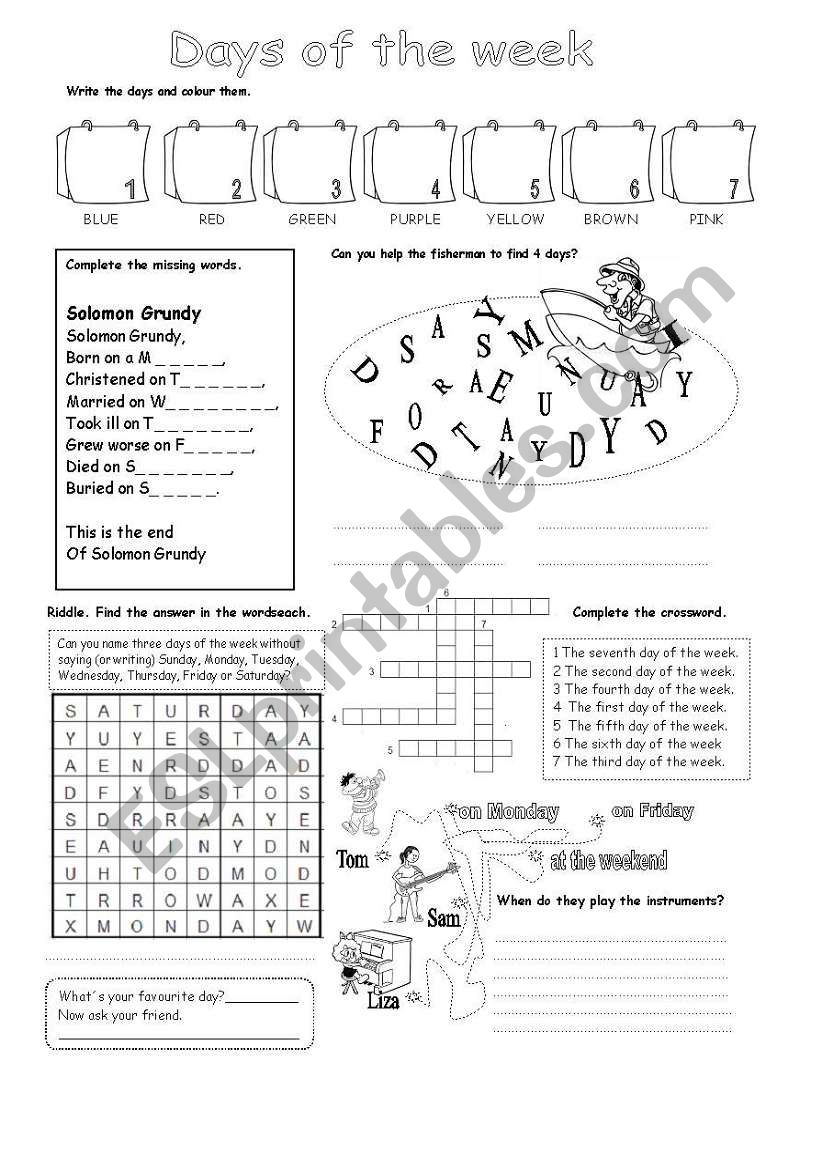 days of the week worksheet