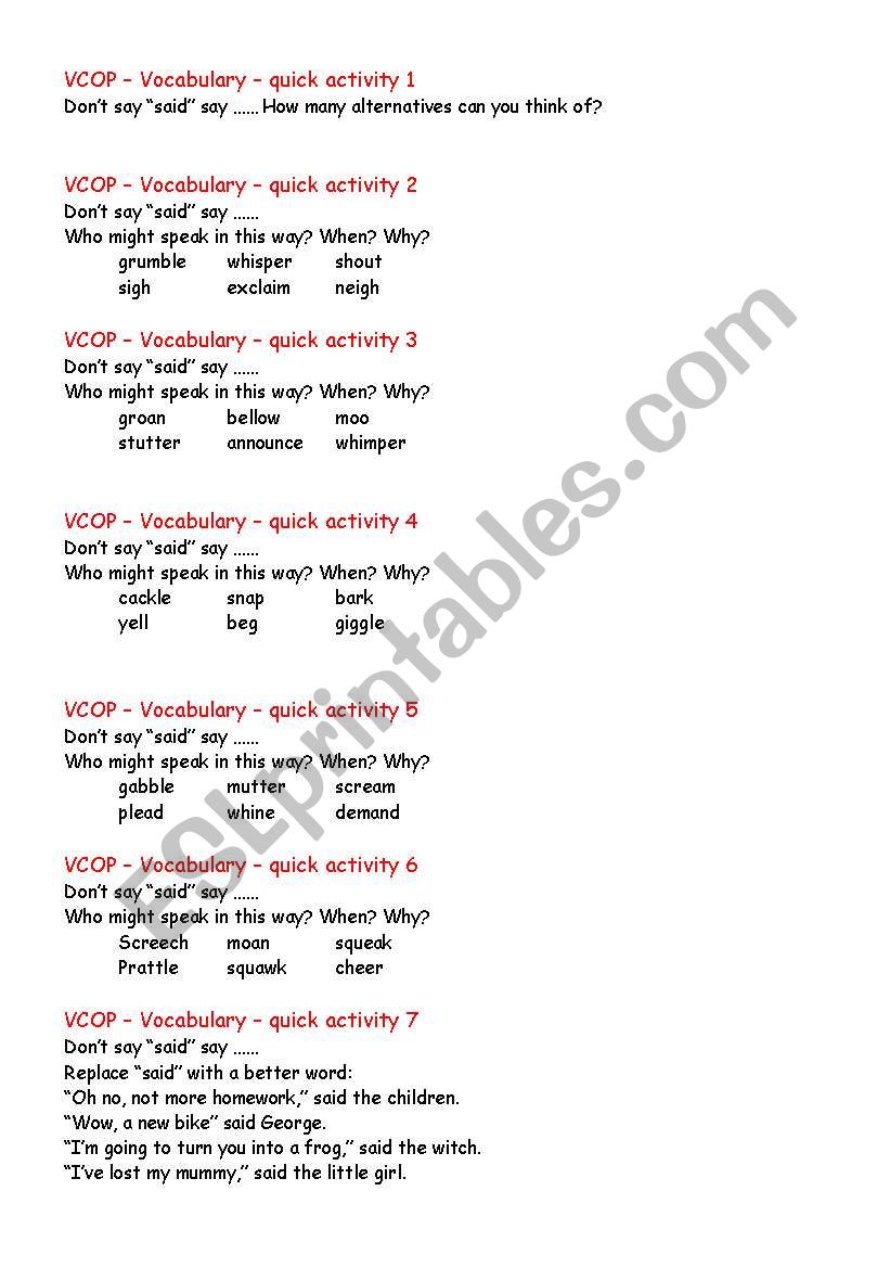 Quick vocabulary activities worksheet