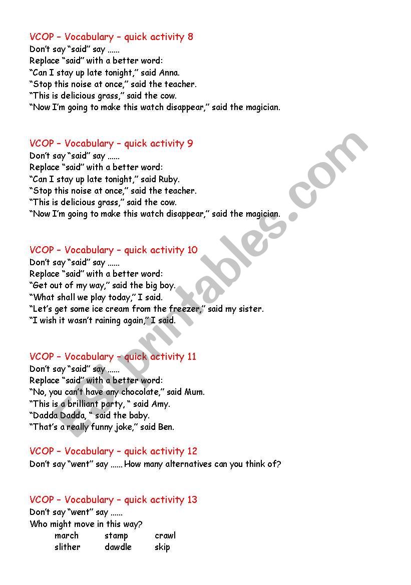 Quick vocabulary activities