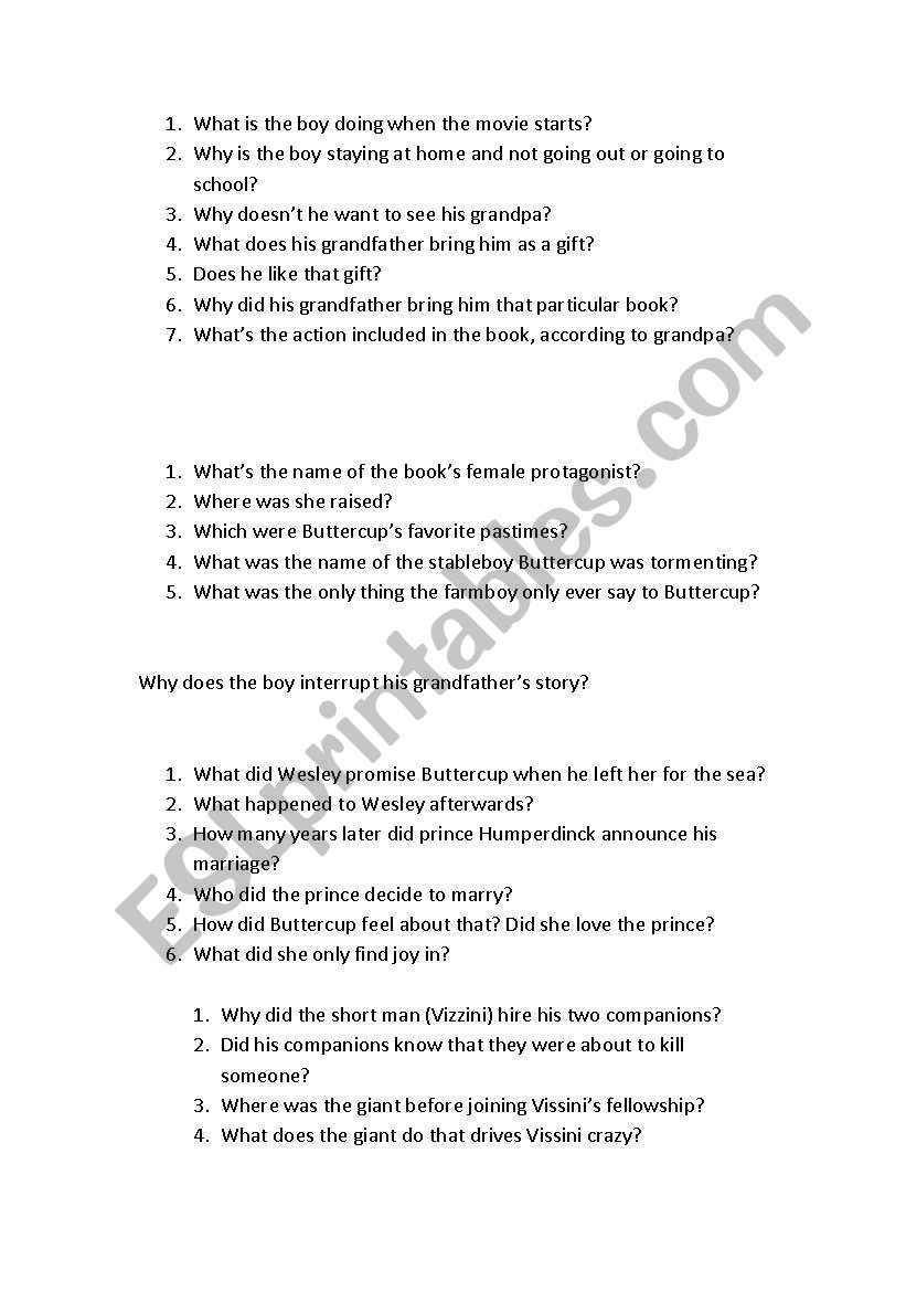 Princess Bride Comprehension Questions