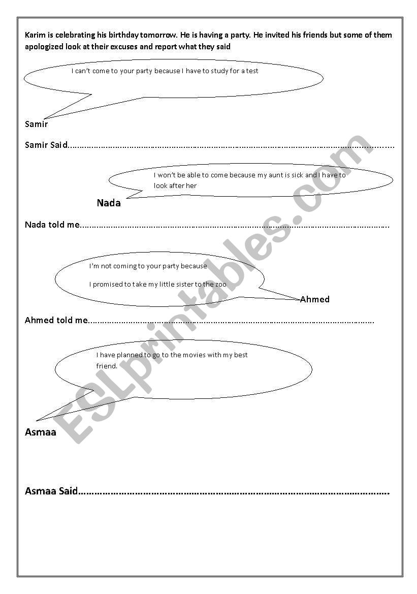 Reported speech exercise worksheet