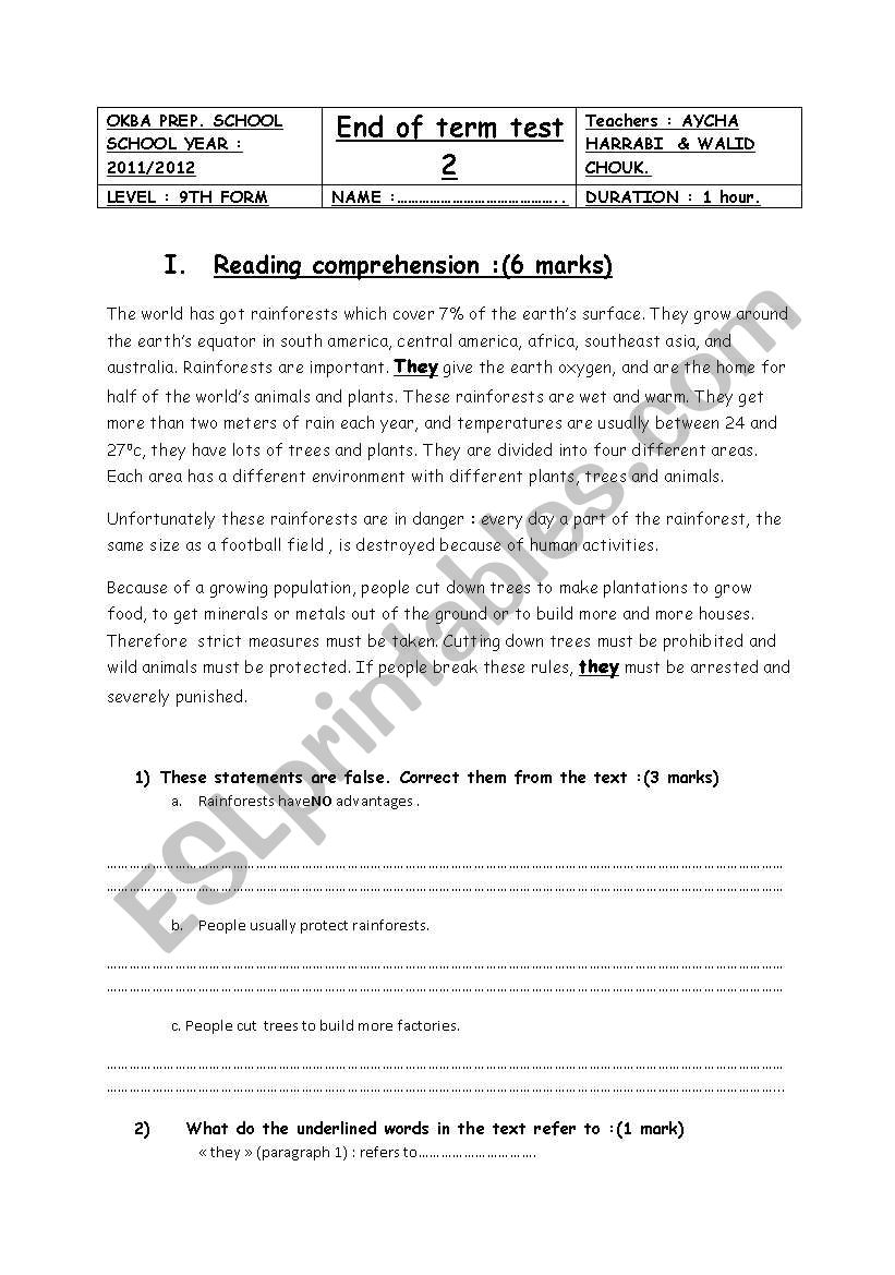 9th form end of term 2 worksheet