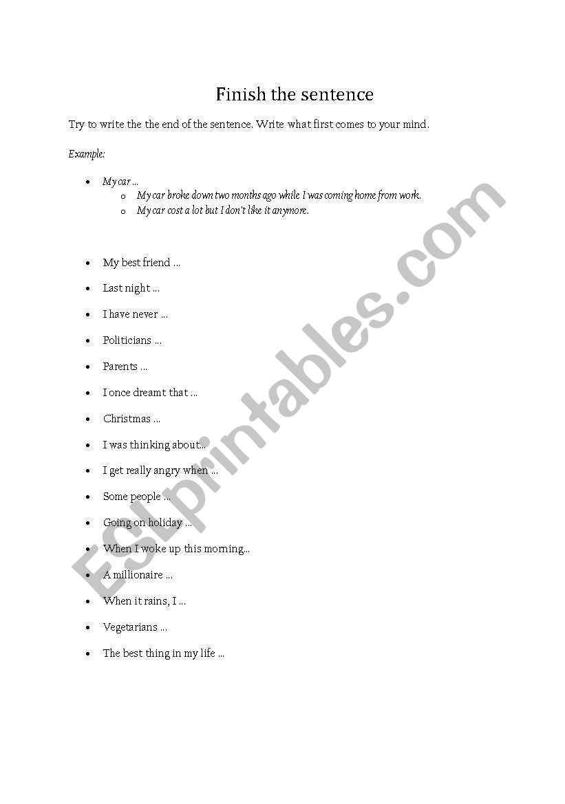 Finish the sentence worksheet