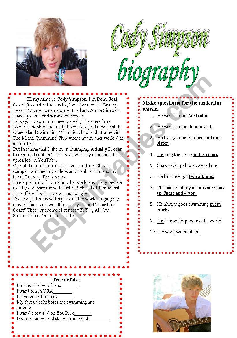 Reading, Cody Simpson worksheet