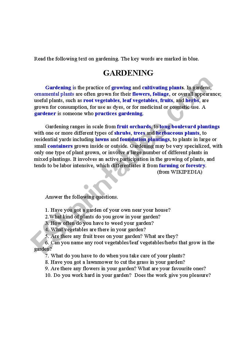 GARDENING worksheet