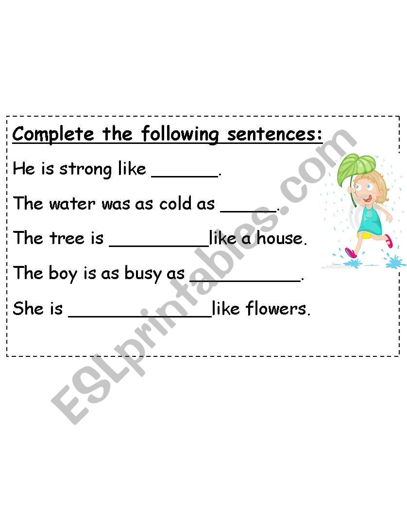 similes worksheet