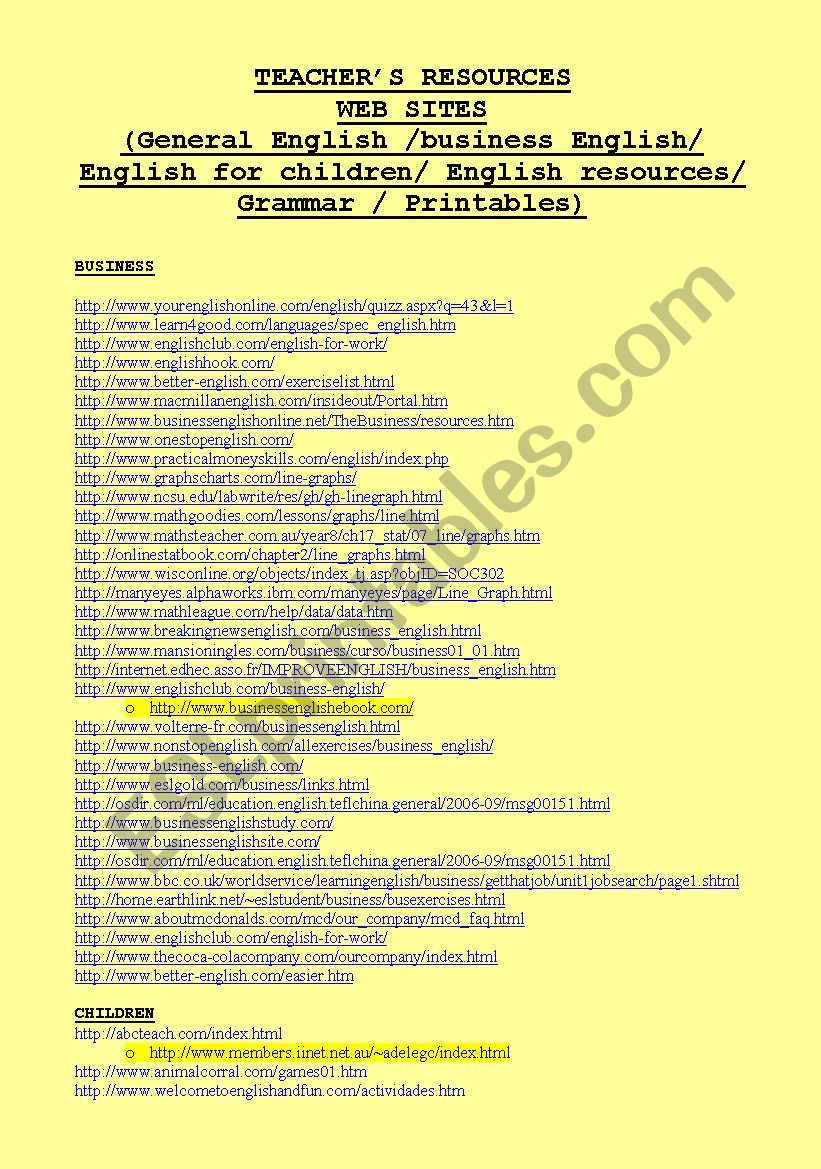 TEACHER’S RESOURCES WEB SITES TEACHER’S RESOURCES WEB SITES TEACHER’S RESOURCES WEB SITES 