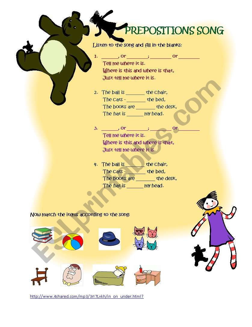 Prepositions song worksheet