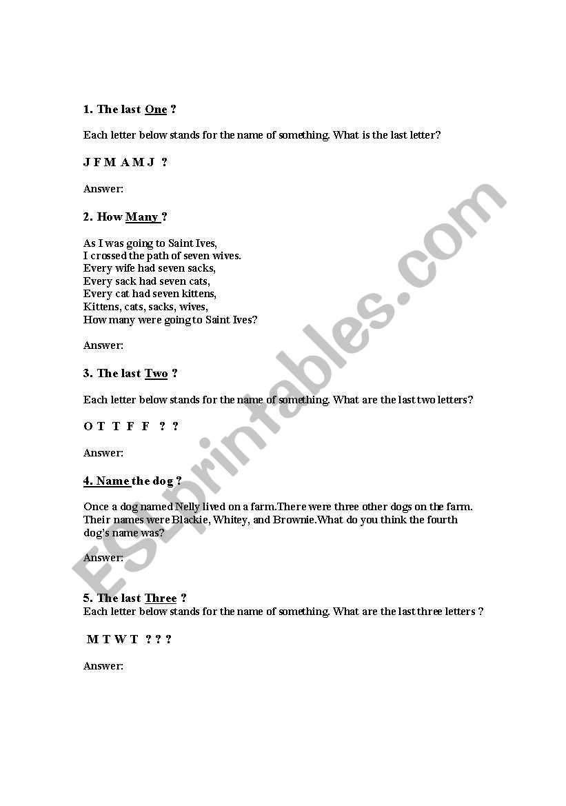 brainteasers worksheet