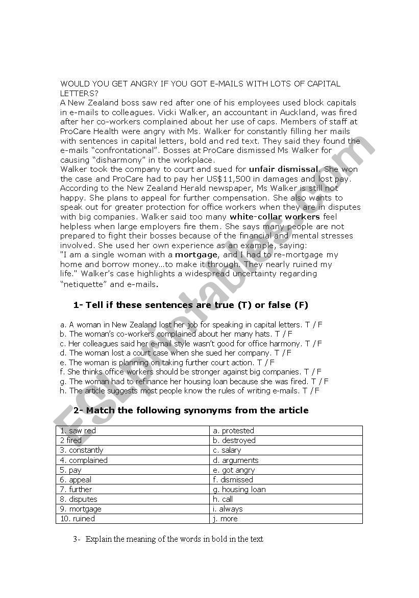 A complaint letter  worksheet