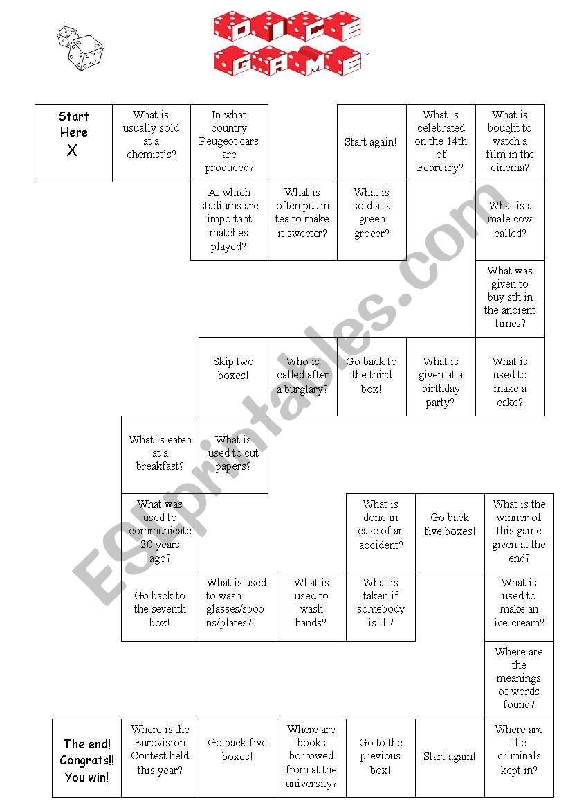 Dice game(passive voice) worksheet