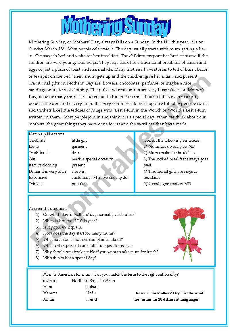 Mothering Sunday worksheet