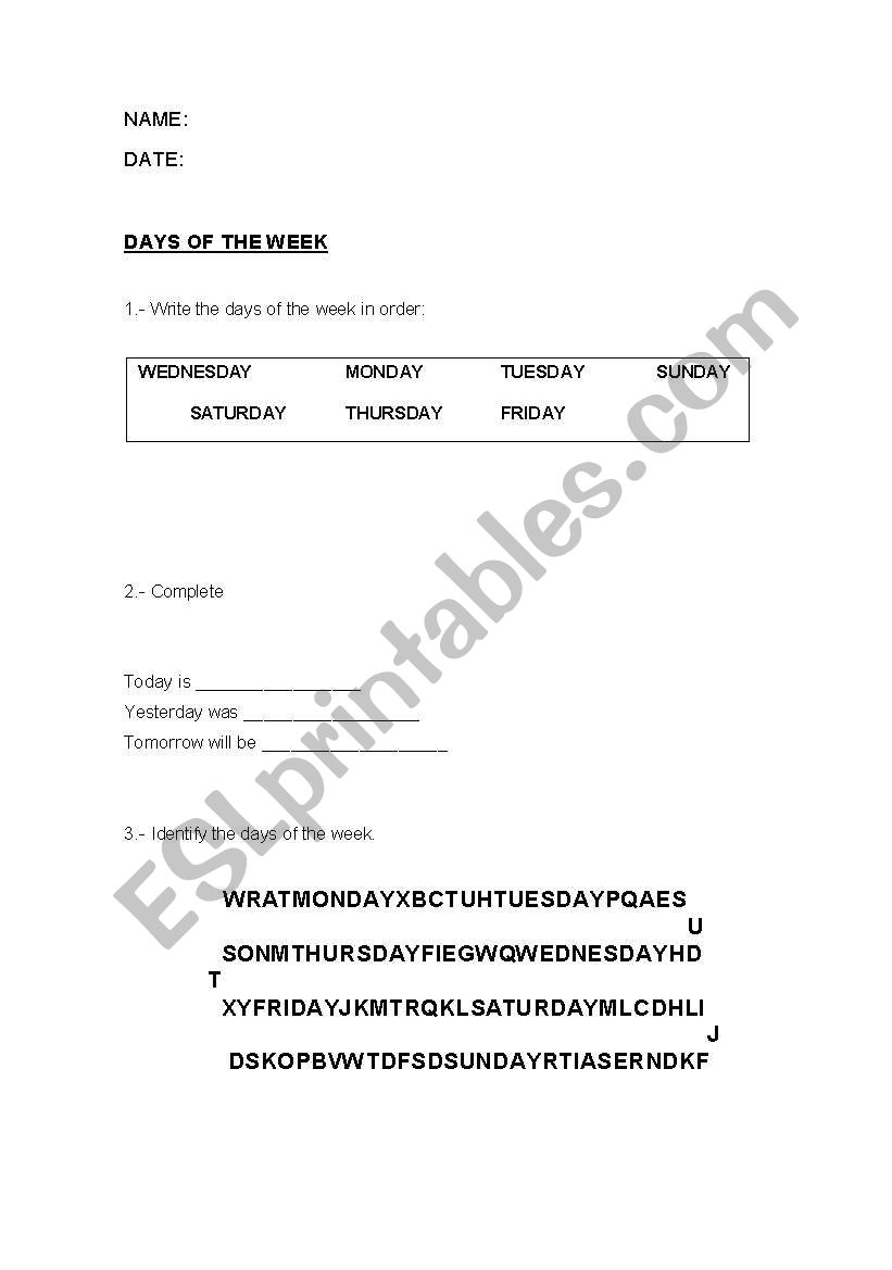 Days of the week worksheet