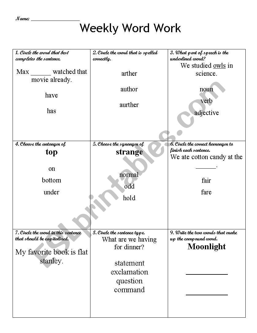 Weekly Word Work 1 worksheet