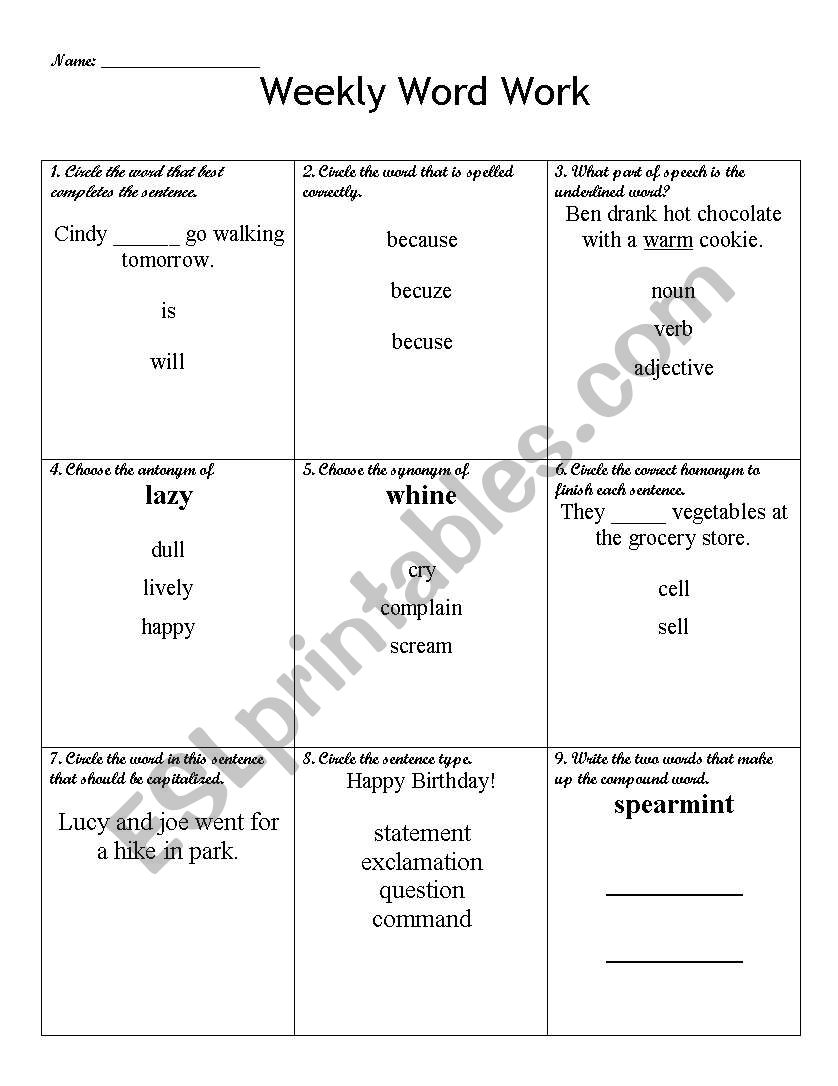 Weekly Word Work 2 worksheet