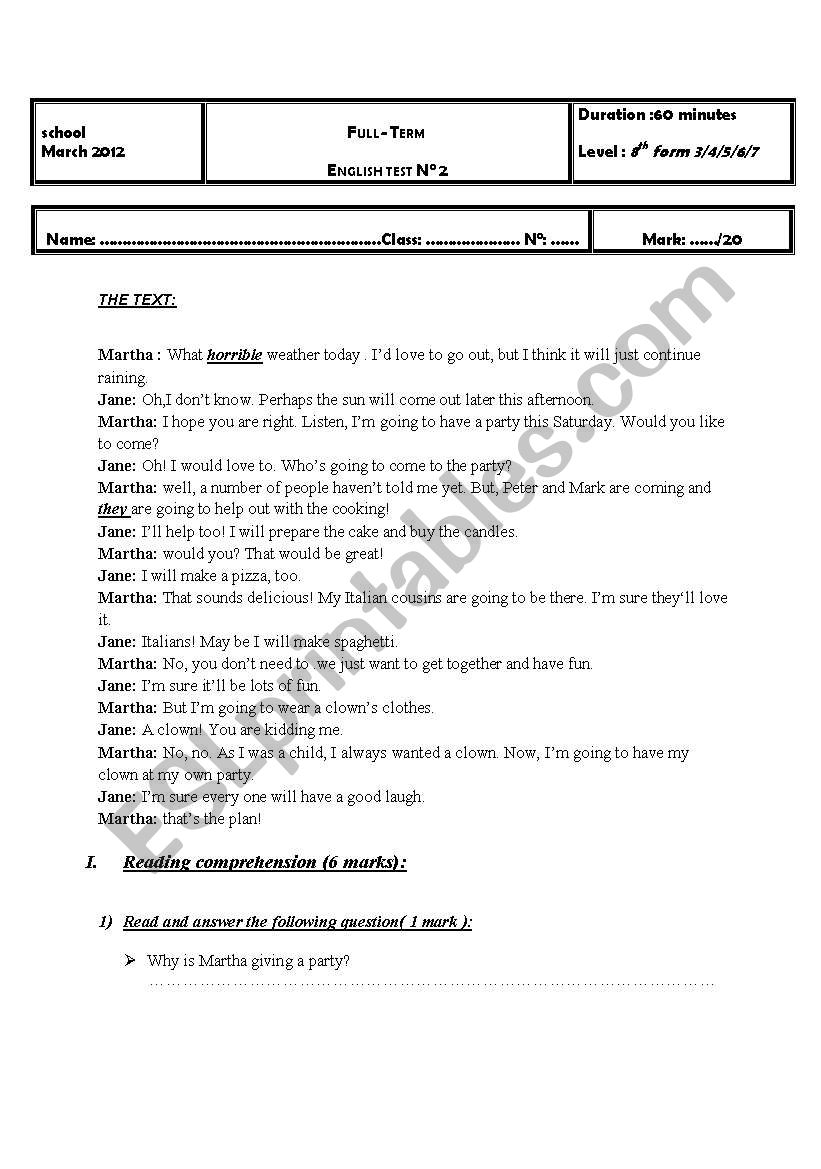 full term test 8th form n3 worksheet