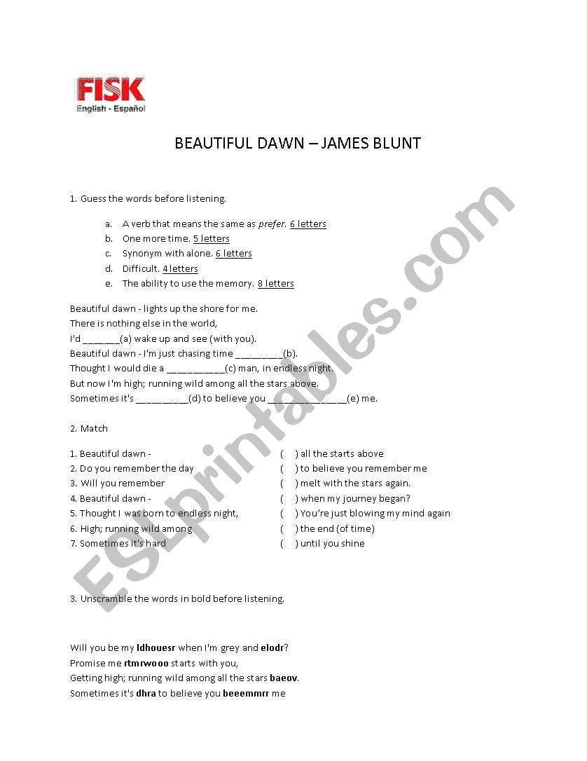 beautiful dawn worksheet