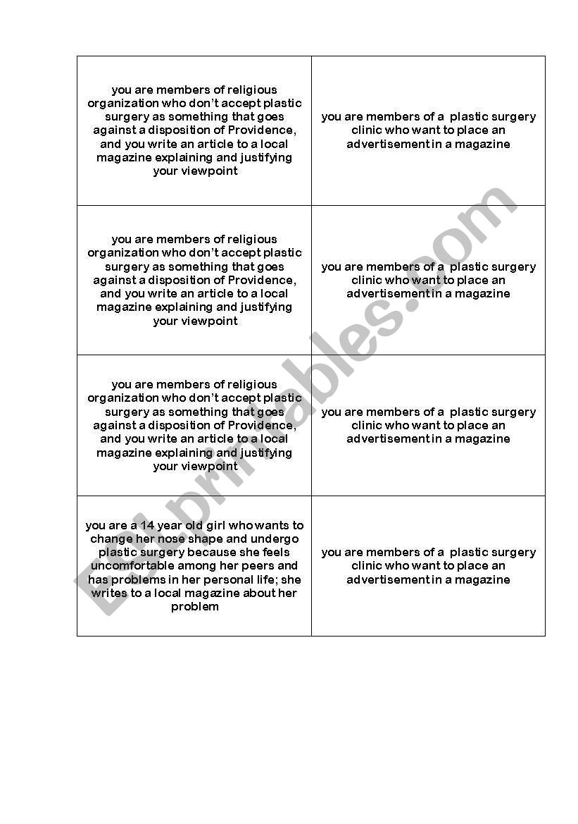 Role cards for plastic surgery class