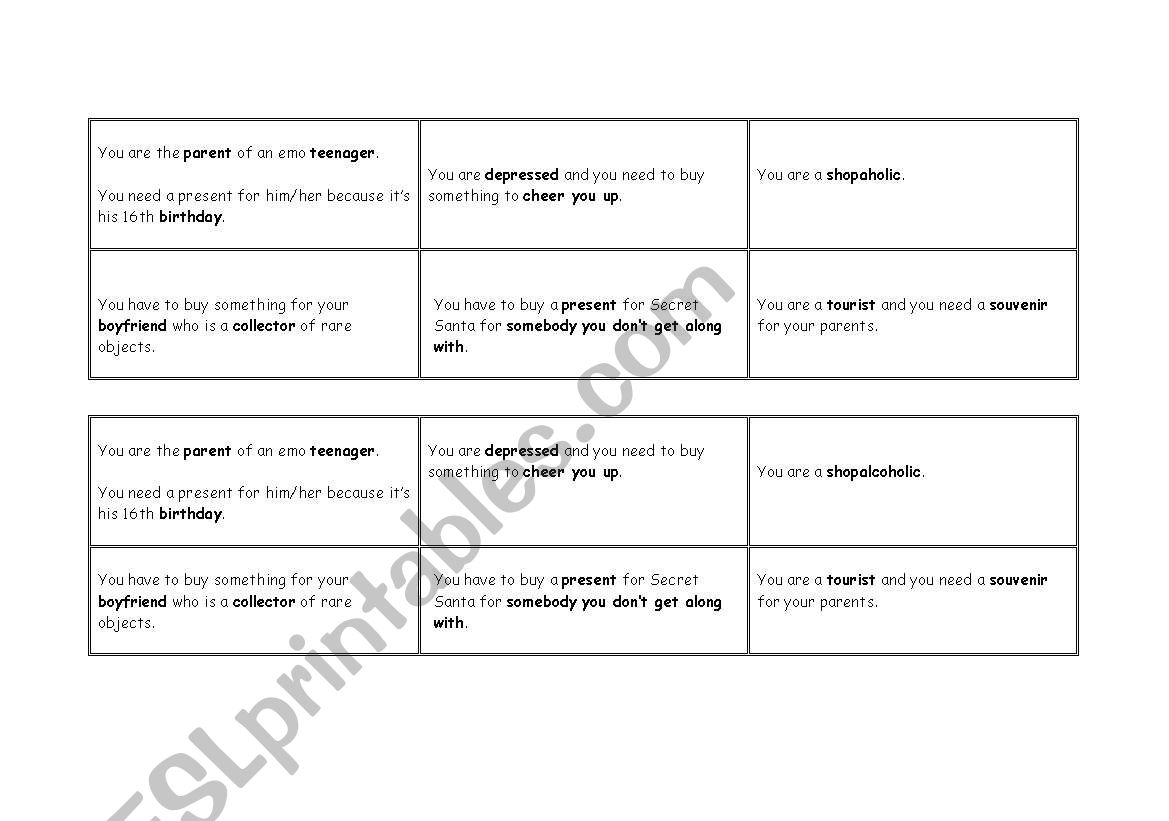 Shopping role play cards worksheet
