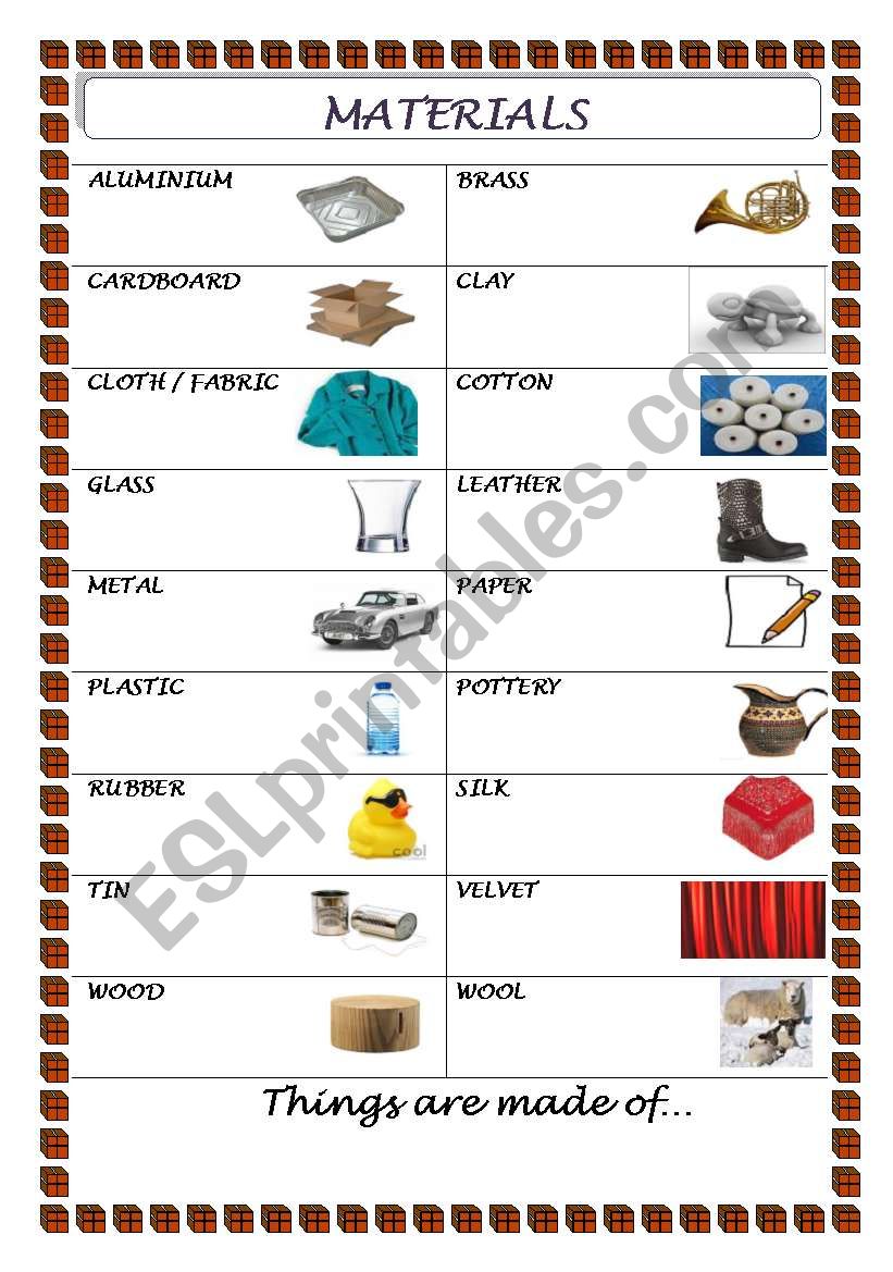 Materials  worksheet